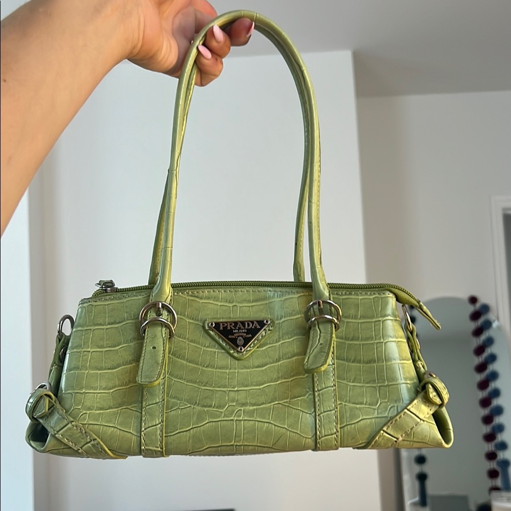 Prada Green Croc-Embossed Shoulder Bag